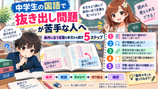 中学生の国語の抜き出し問題で、条件を確認して本文から必要な範囲を探す5ステップを示したアイキャッチ画像