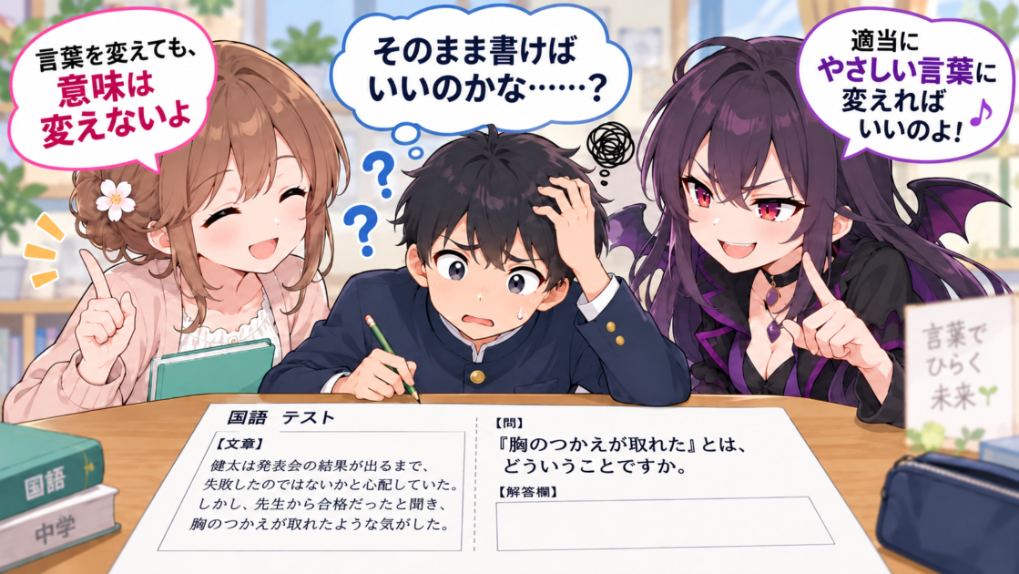 国語の「どういうことですか」という言い換え問題で答え方が分からず困っている健太