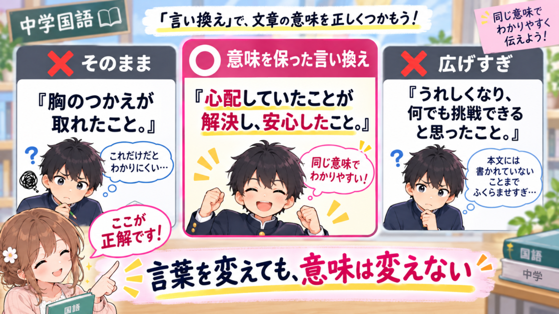 本文をそのまま写す答え、意味を保った言い換え、内容を広げすぎた答えを比較した図