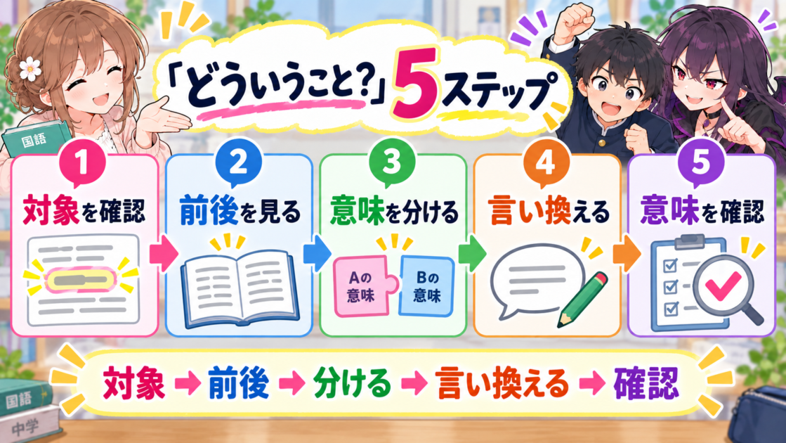 国語の「どういうことですか」という問題を解く5ステップを示したロードマップ