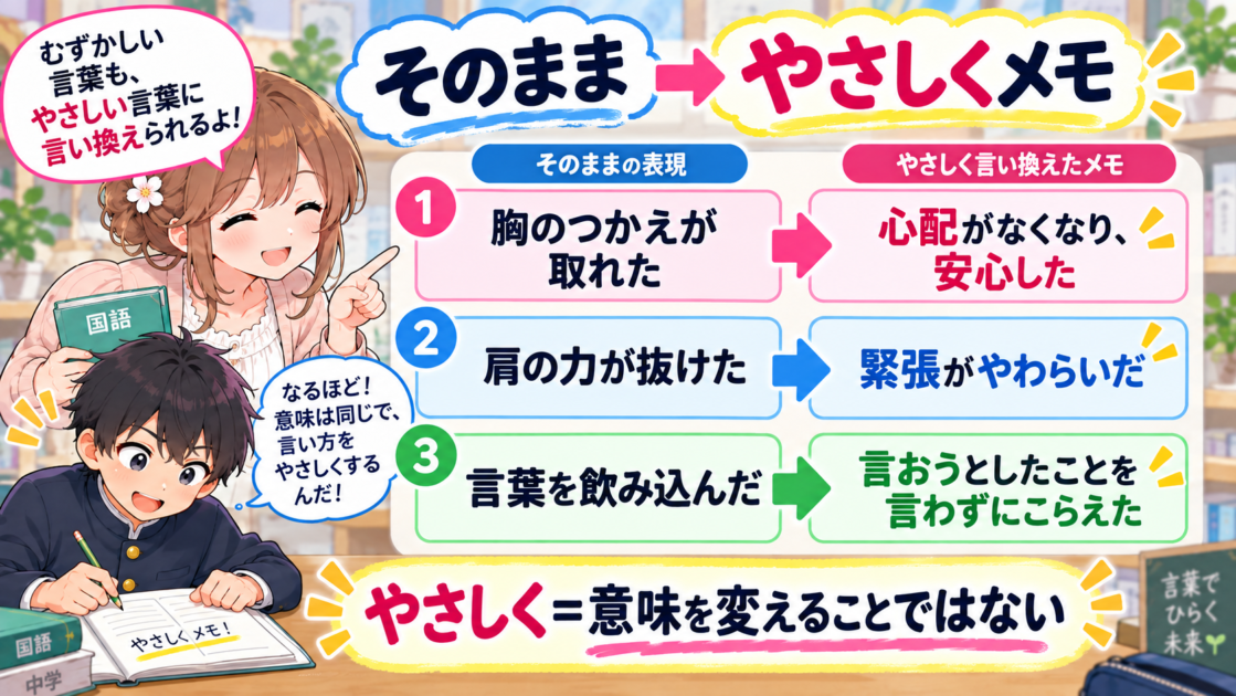 本文の表現を元の意味を保ったまま分かりやすい言葉にする「そのまま→やさしくメモ」の図