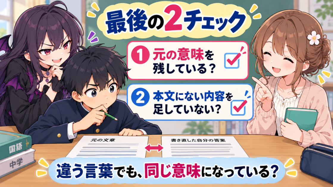 言い換えた答案が元の意味を残しているか、本文にない内容を足していないか確認する図