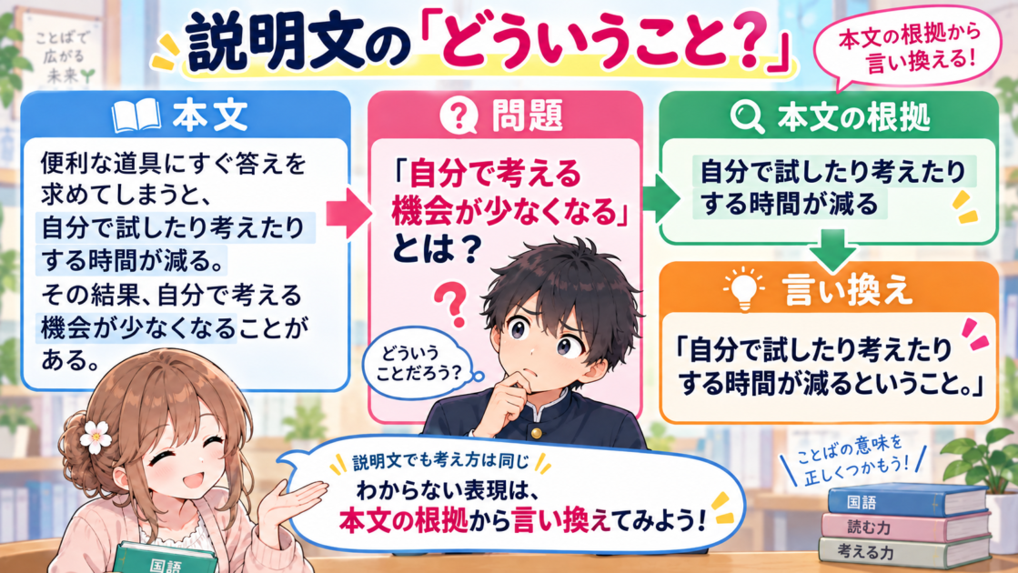 説明文の「どういうことですか」という問題を本文の根拠から言い換える例を示した図