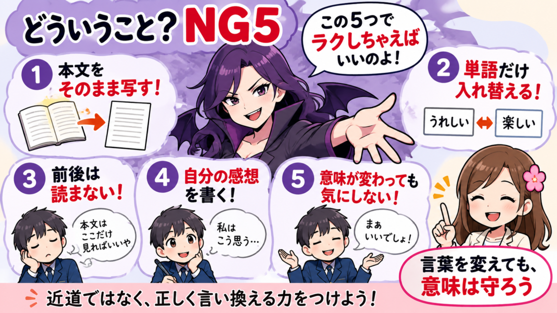 「どういうことですか」という言い換え問題でやりがちな5つの誤りを示した図