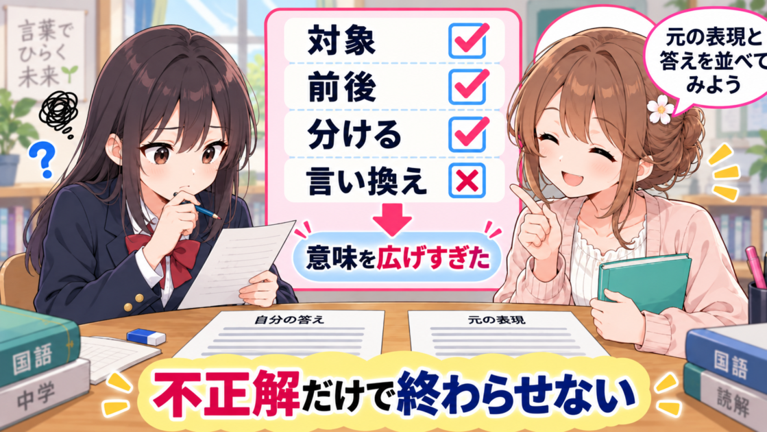 言い換え問題の不正解を、対象・前後・分ける・言い換えに分けて振り返る図