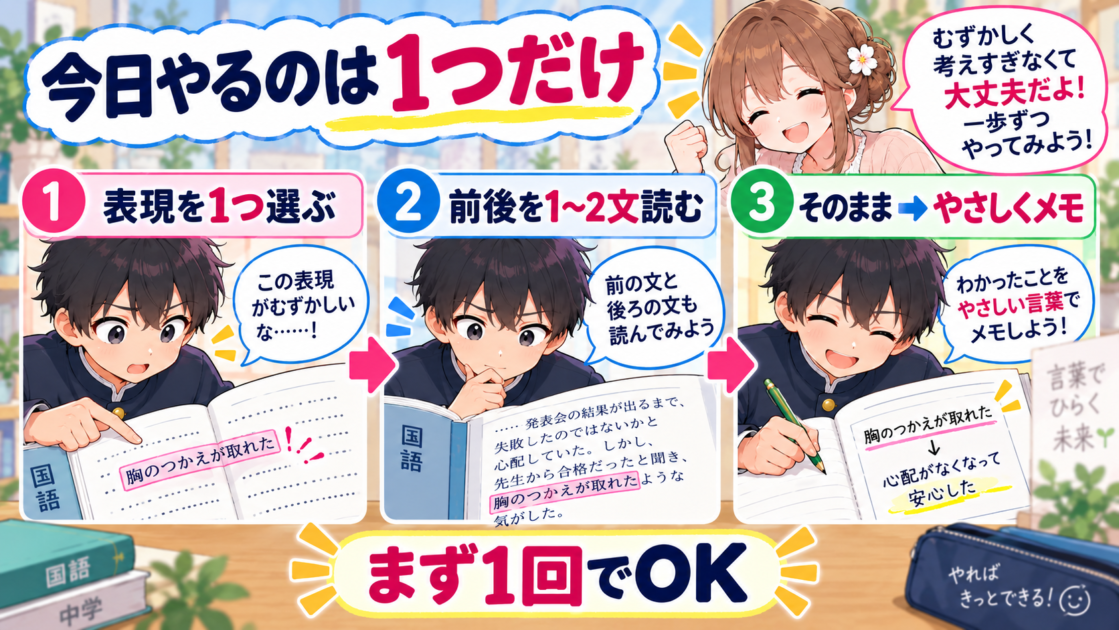 教科書から表現を1つ選び、前後を読んで言い換えメモを作る今日の最小行動を示した図