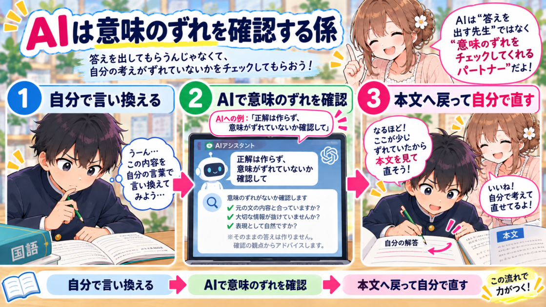 自分で言い換えたあとAIで意味のずれを確認し、本文へ戻って自分で直す学習サイクルの図