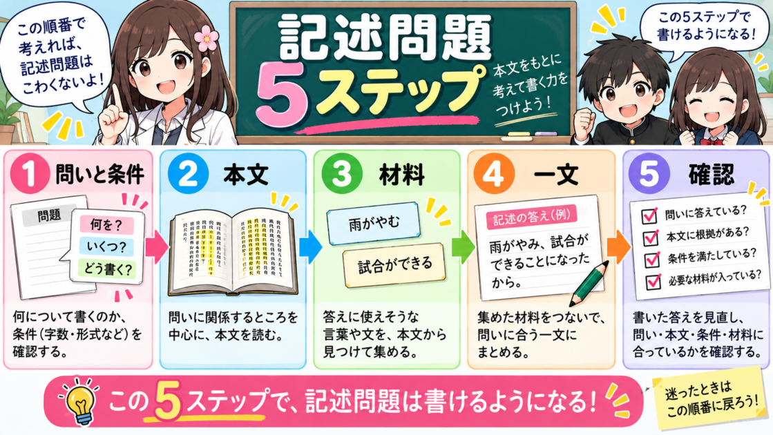 問いと条件、本文、材料、一文、確認の順に進む記述問題の5ステップ