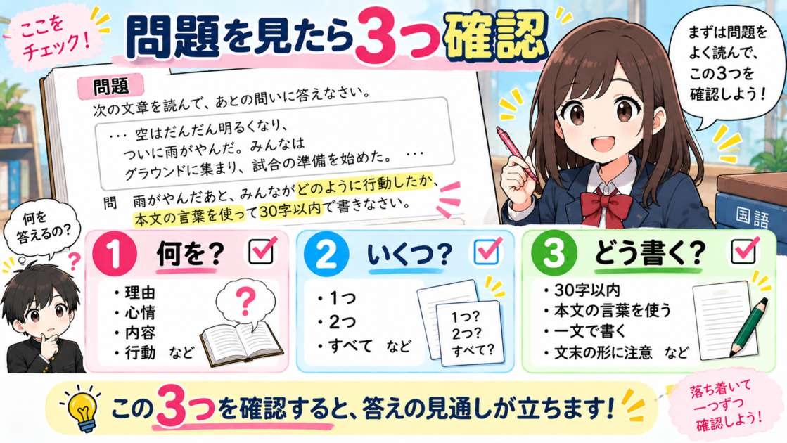 国語の設問で何を答えるか、いくつ答えるか、どう書くかを確認する3チェック