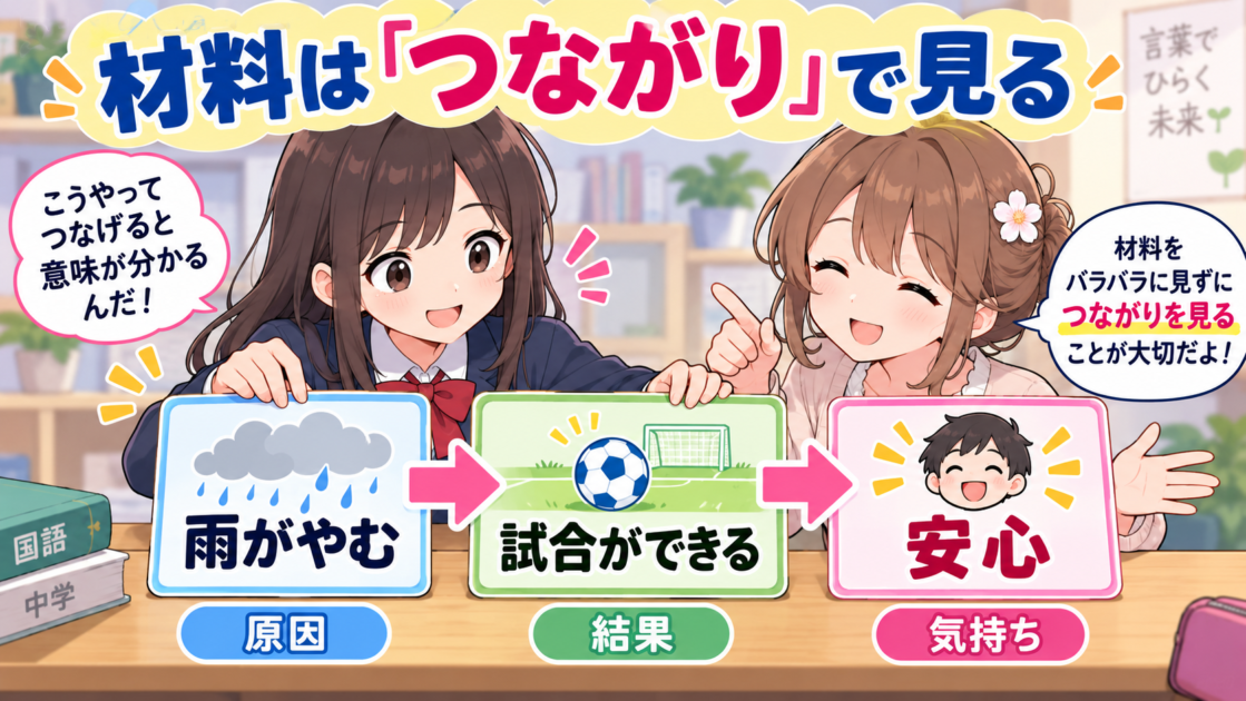雨がやむ、試合ができる、安心という材料のつながりを示した図