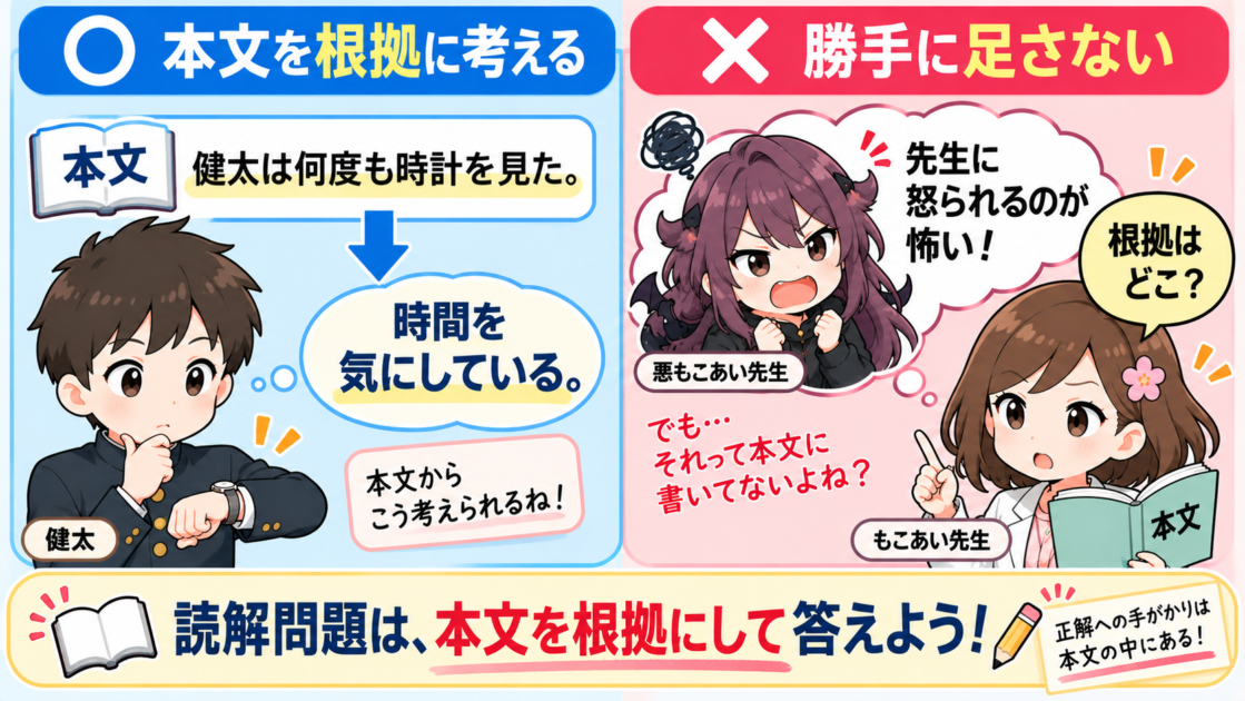 本文に書かれた根拠と本文にない想像を区別する例