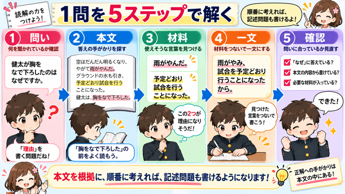 一つの記述問題を問い、本文、材料、一文、確認の5ステップで解く流れ