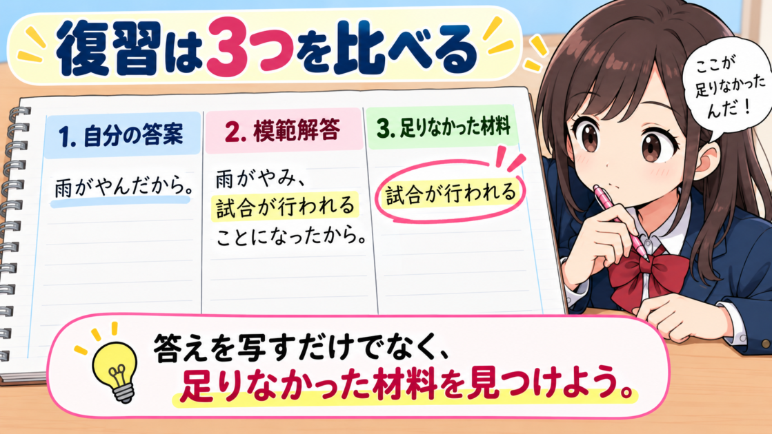 自分の答案と模範解答を比べて足りなかった材料を確認する復習方法