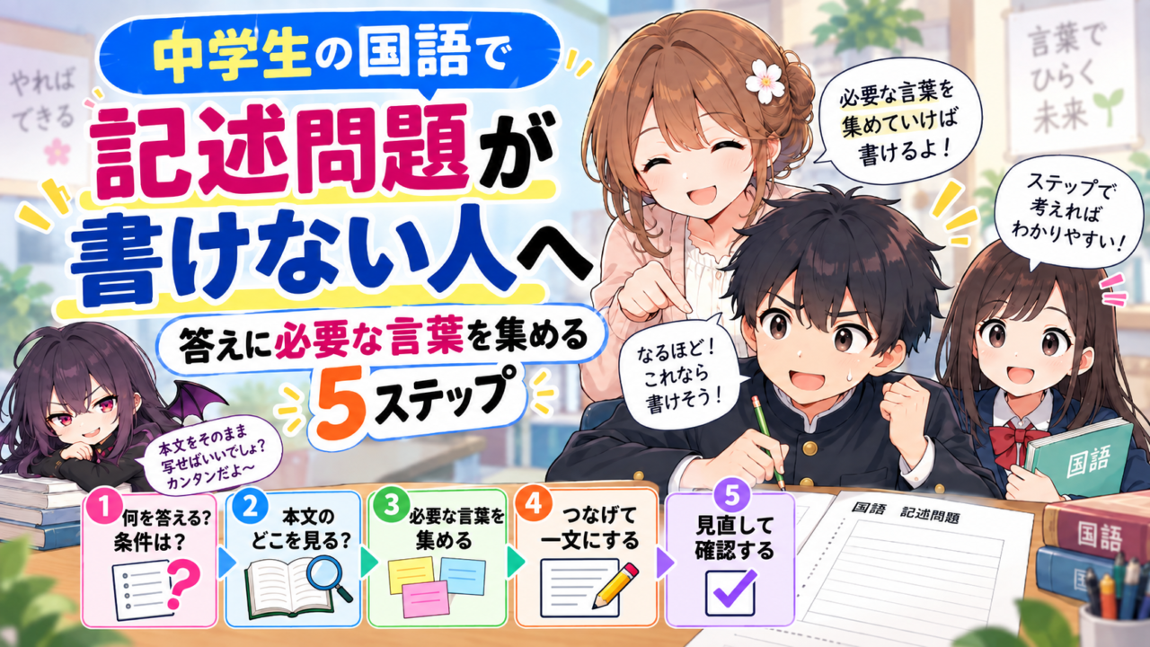 中学生の国語の記述問題で、問いと条件を確認し、本文から必要な言葉を集めて一文にする5ステップを示したアイキャッチ画像