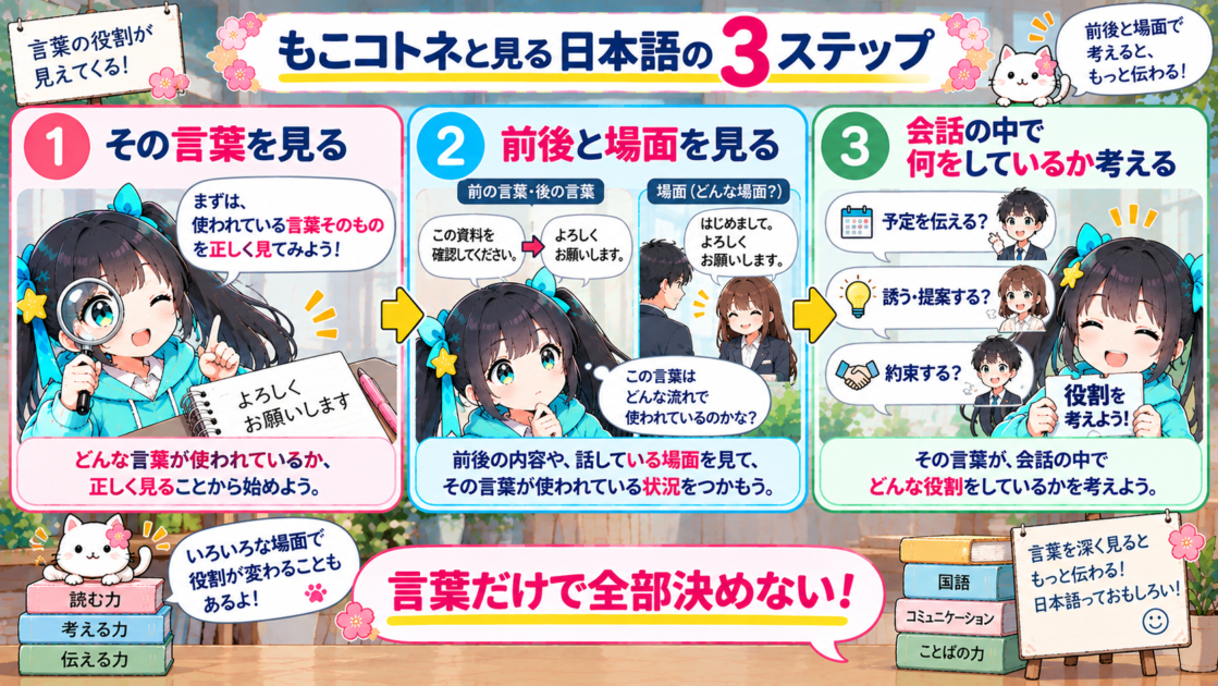 言葉・前後と場面・会話での役割を見る日本語理解の3ステップ
