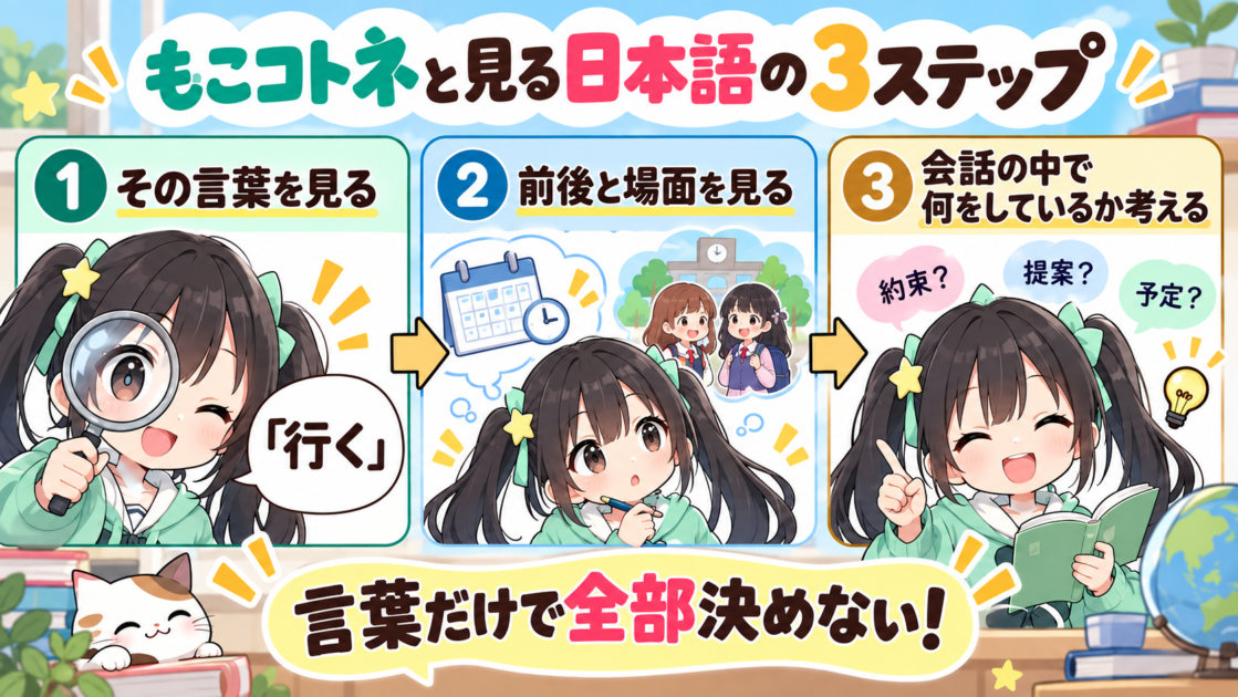 日本語を前後の場面や会話の役割から考える3ステップ