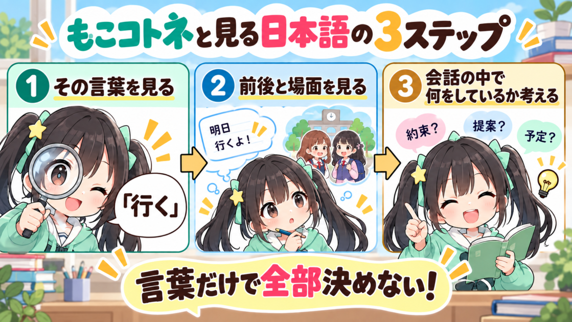 日本語を言葉、前後の場面、会話での役割から考える3ステップ