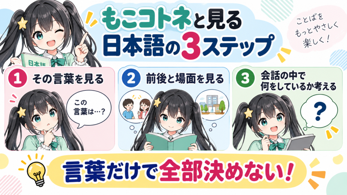 日本語を文字どおりだけで決めず、前後や場面、会話の中での働きを順番に考えるシリーズ共通の3ステップです。