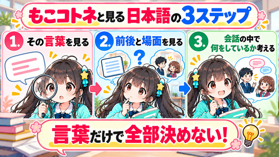 日本語を前後の場面や会話の役割から考える3ステップ