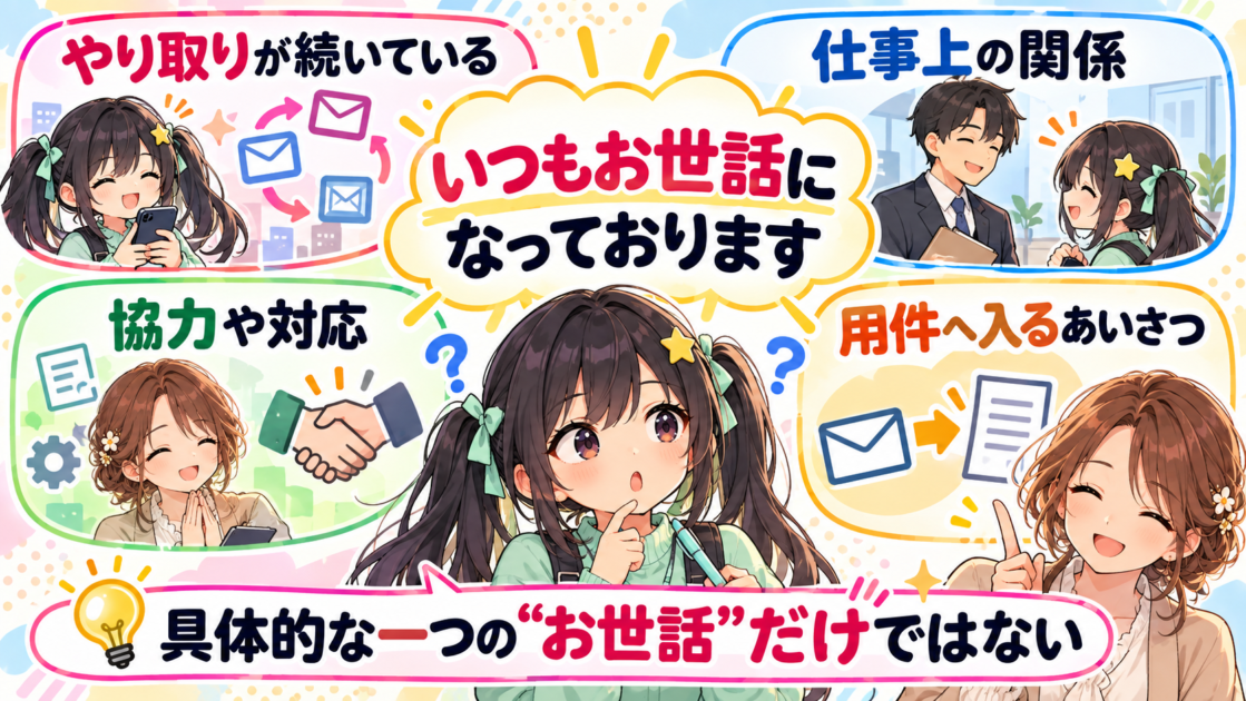 「いつもお世話になっております」が具体的なお世話以外にも継続関係やあいさつとして使われることを示す図