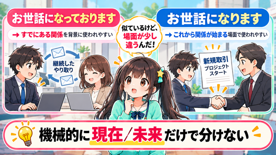 「お世話になっております」と「お世話になります」の使われやすい場面を比べる図