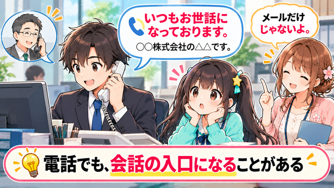 取引先への電話の冒頭で「いつもお世話になっております」とあいさつする場面