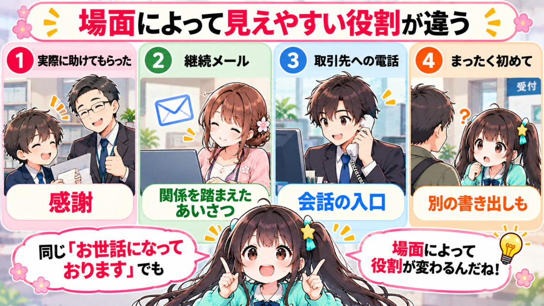 「お世話になっております」が4つの場面で異なる役割を持つことをまとめた図