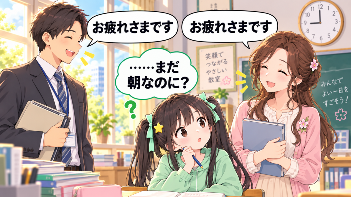 朝なのに先生同士が「お疲れさまです」とあいさつすることを不思議に思うもこコトネ