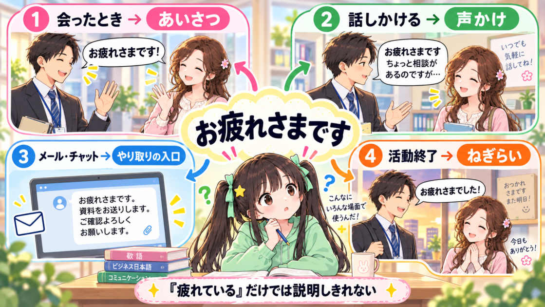 「お疲れさまです」があいさつ、声かけ、やり取りの入口、ねぎらいとして使われる4場面の図