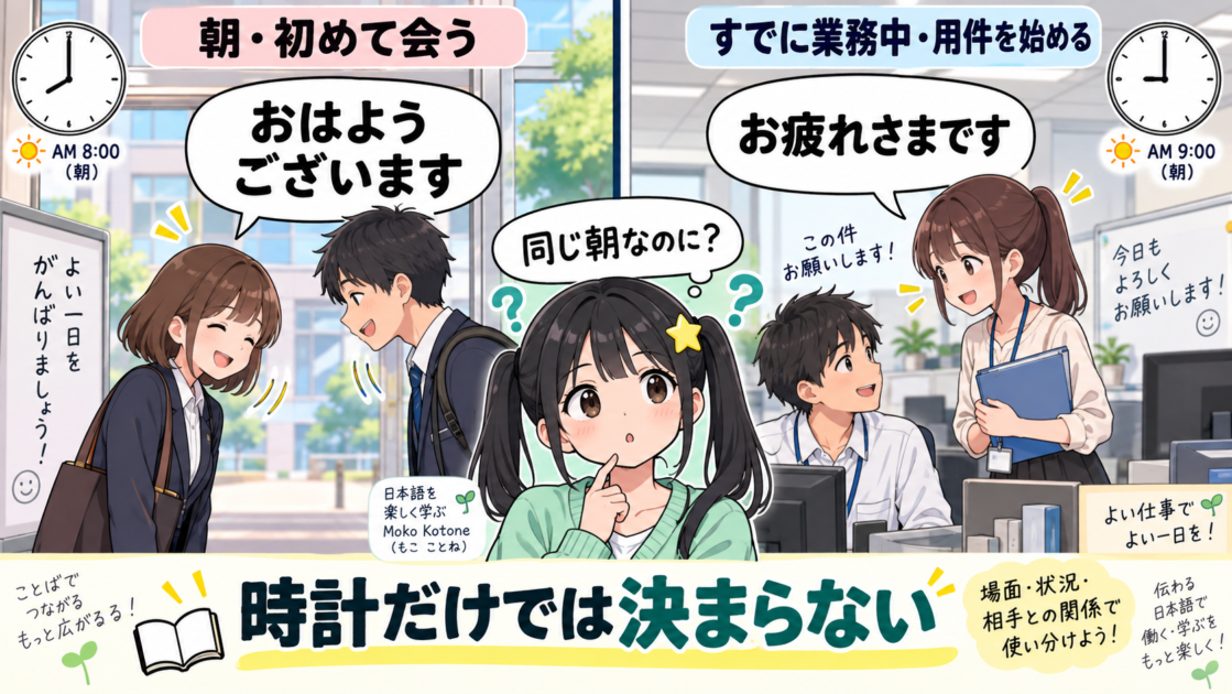 同じ朝でも初対面のあいさつは「おはようございます」、業務中の声かけでは「お疲れさまです」となる例