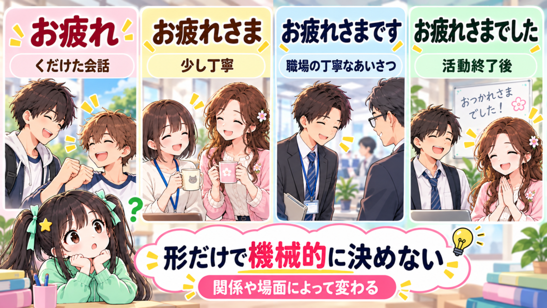 「お疲れ」「お疲れさま」「お疲れさまです」「お疲れさまでした」の使われ方を比べる図