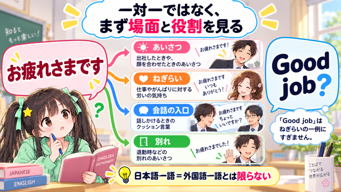 「お疲れさまです」を英語の一つの表現にそのまま置き換えられないことを示す図