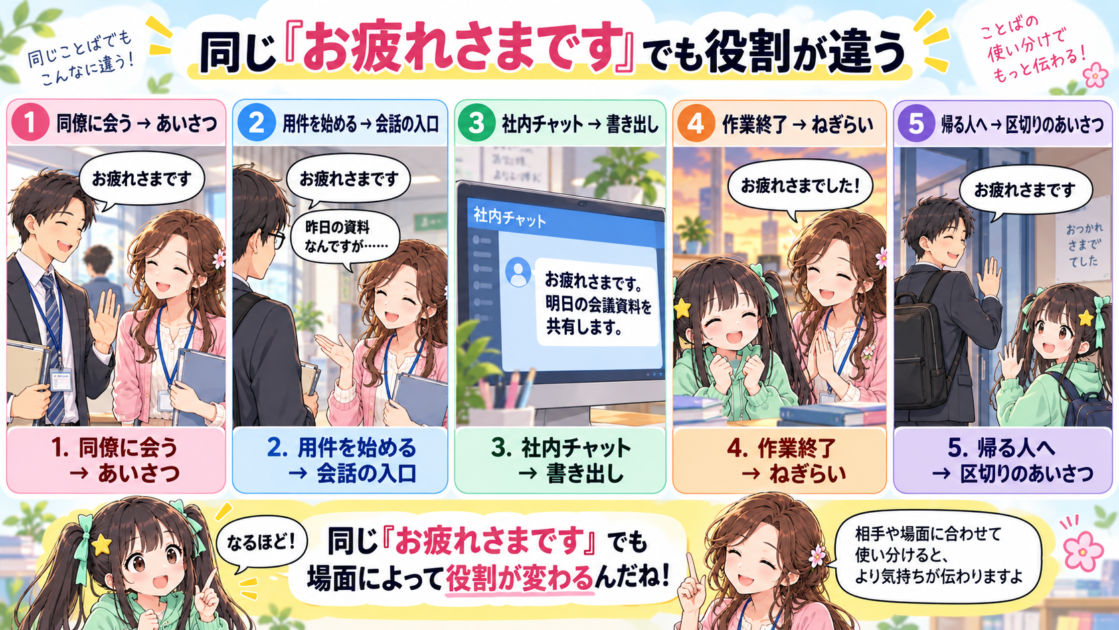「お疲れさまです」が5つの場面で異なる役割を持つことをまとめた比較図