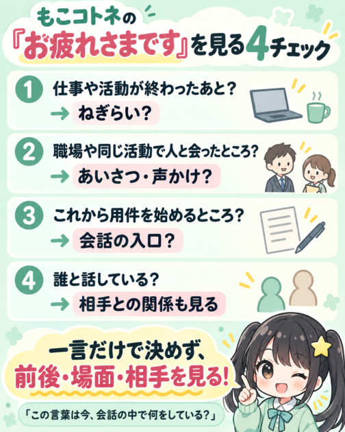 「お疲れさまです」の役割を前後や場面、相手との関係から考える4チェック
