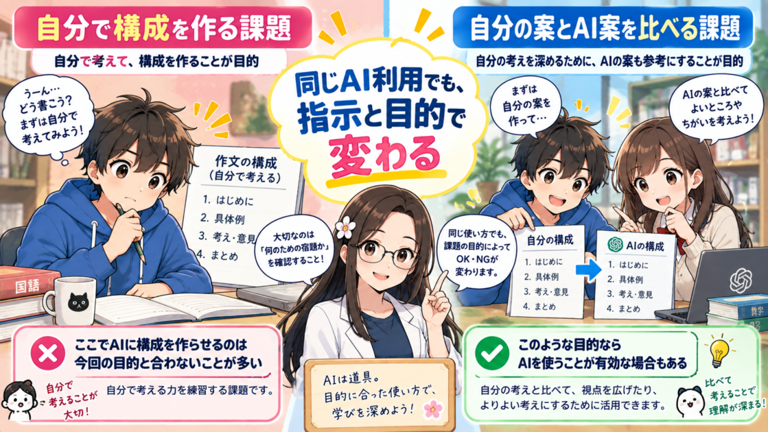 自力で作文の構成を作る課題とAIの構成を比較する課題では、同じAI利用でも判断が異なると気づく健太