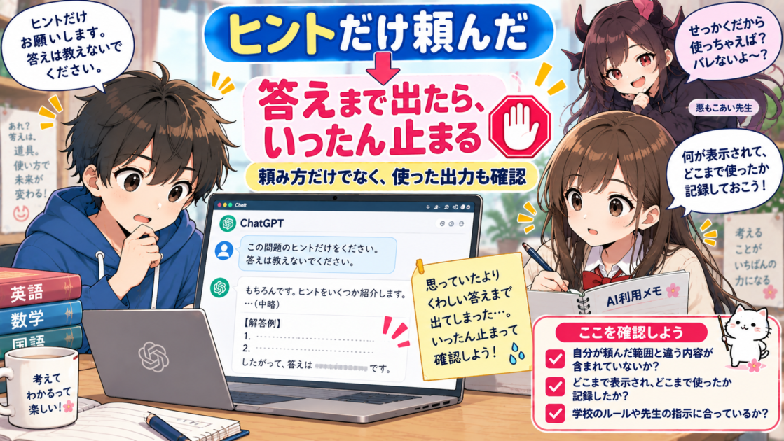 ヒントだけが許可された宿題で、意図せず表示された完成答案を採用せず、経緯を記録しようとする健太