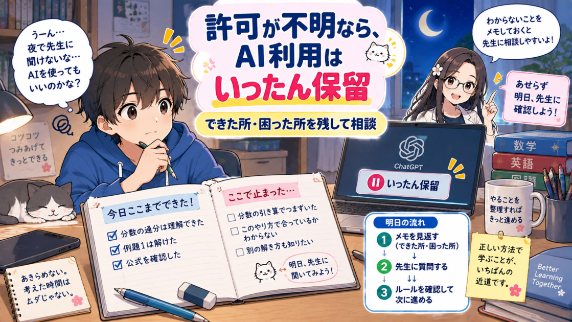 夜にAIの利用許可を確認できない健太が、教科書で進めて困ったところを記録する様子