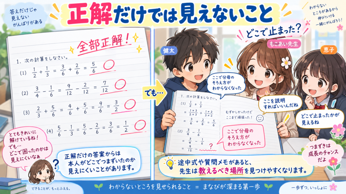 完成答案だけでは見えない生徒のつまずきを、途中式と質問メモから読み取るもこあい先生