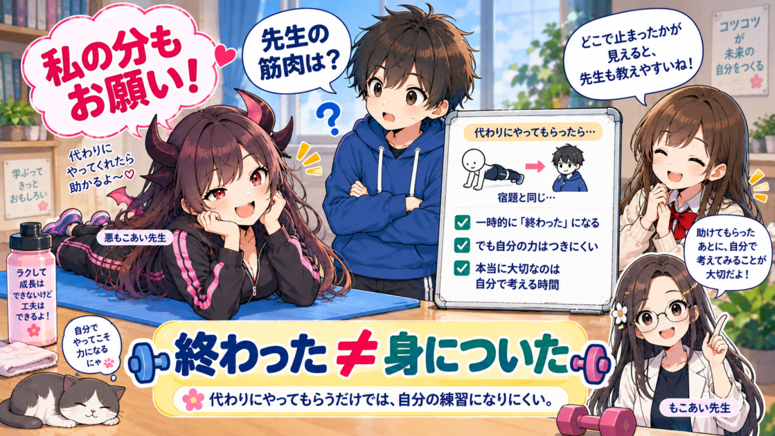 腕立て伏せを代わってもらおうとする悪もこあい先生に、健太が先生自身の練習にはならないと気づくコミカルな場面