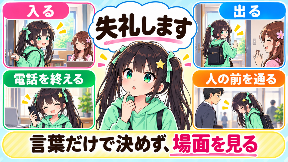 「失礼します」が入室・退室・電話終了・人の前を通る場面で使われることを示した図
