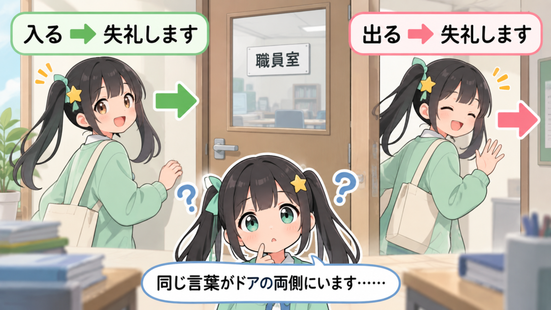 入室と退室の両方で「失礼します」を使うことをドアの両側で比較した図
