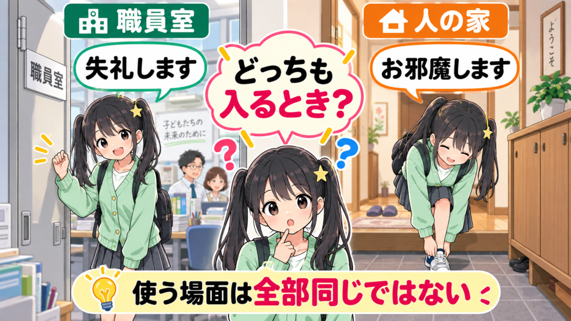 職員室での「失礼します」と人の家での「お邪魔します」を比較した図