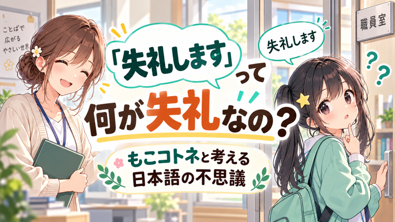 「失礼します」って何が失礼なのかを、もこコトネともこあい先生が考える日本語学習記事のアイキャッチ