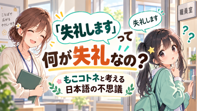 「失礼します」って何が失礼なのかを、もこコトネともこあい先生が考える日本語学習記事のアイキャッチ