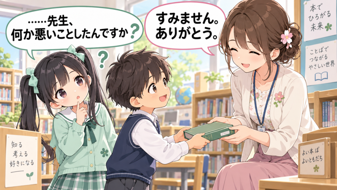 本を拾ってもらったもこあい先生の「すみません」に疑問を持つもこコトネ