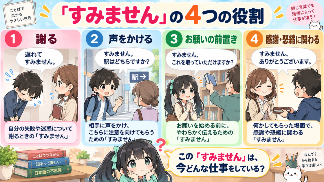 「すみません」の謝罪・呼びかけ・お願い・感謝や恐縮の4つの役割をまとめた図解