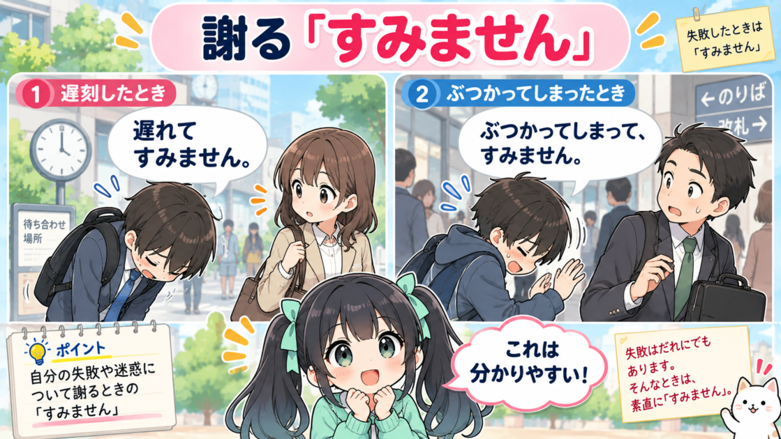 遅刻やぶつかった場面で謝罪として「すみません」を使う例