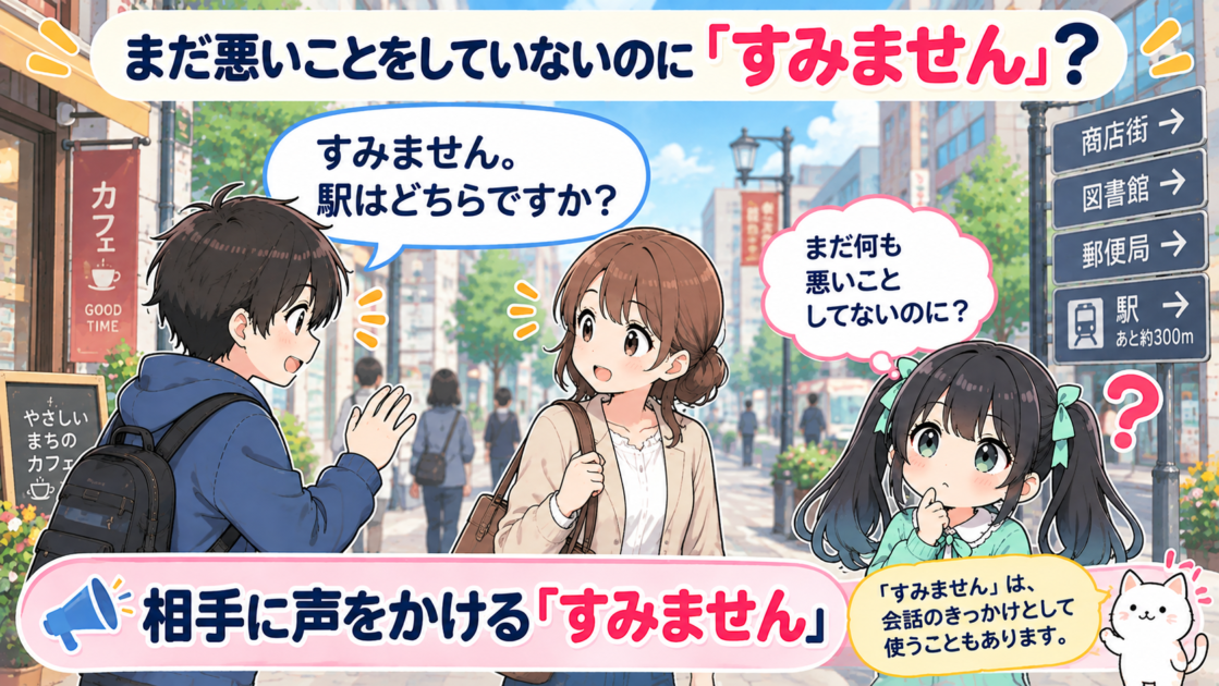道を聞く前の呼びかけとして「すみません」を使う場面