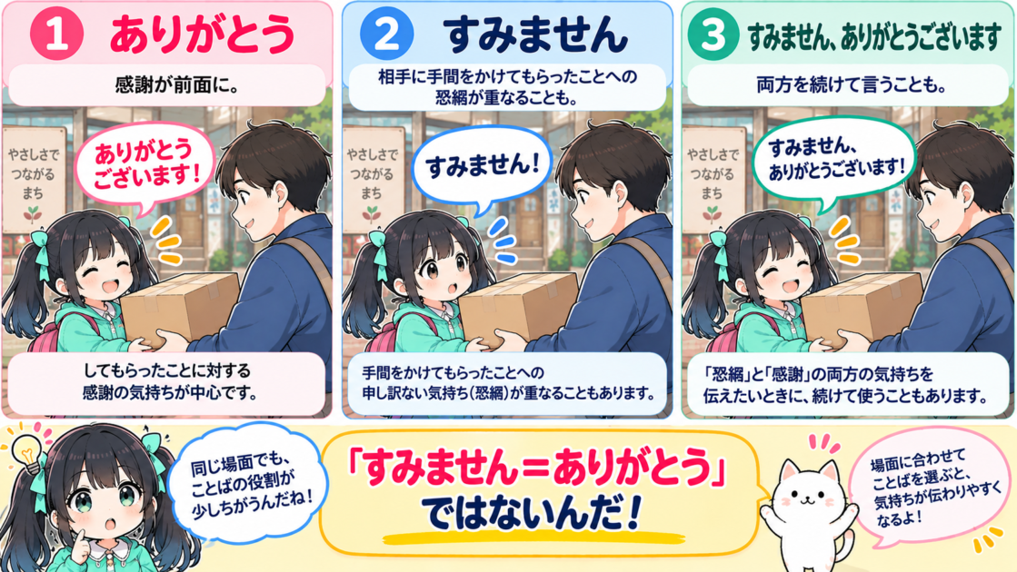 「ありがとう」「すみません」「すみません、ありがとうございます」の使い方を同じ場面で比較した図解
