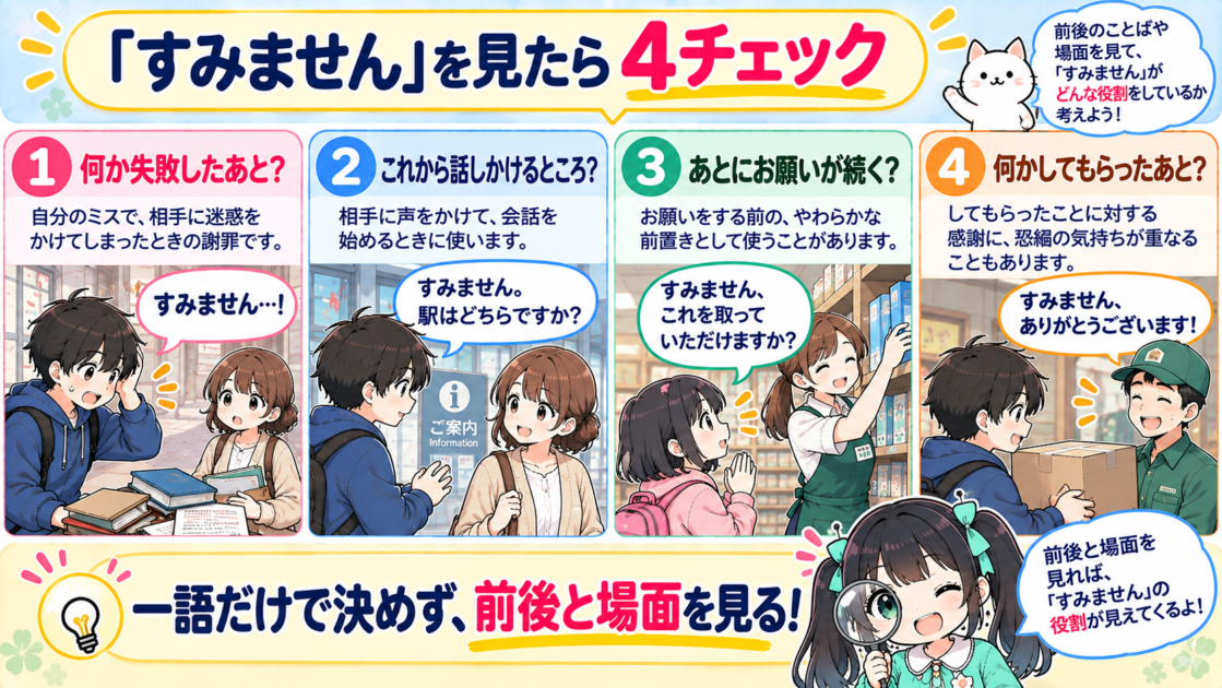「すみません」の役割を考えるための4つのチェックをまとめた図解